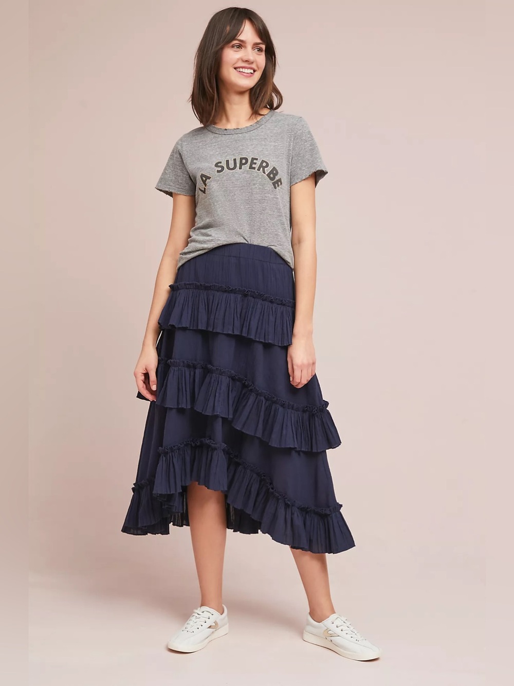 Anthropologie Eri + Ali Avisa Ruffled Midi Skirt in Navy Blue